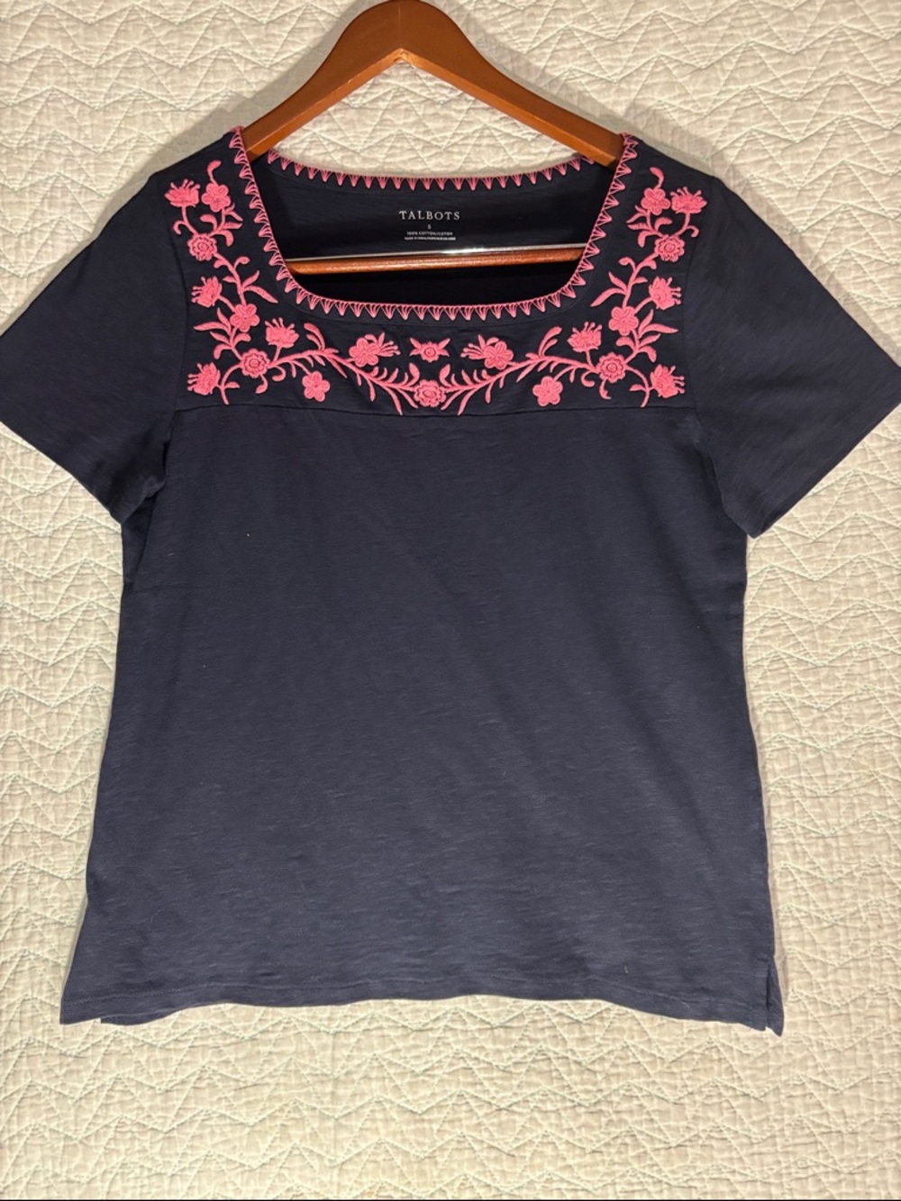 Talbots Navy Top with Pink Floral Embroidery